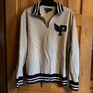 Polo by Ralph Lauren, quarter zip fleece hoodie, navy/white trim on light grey,